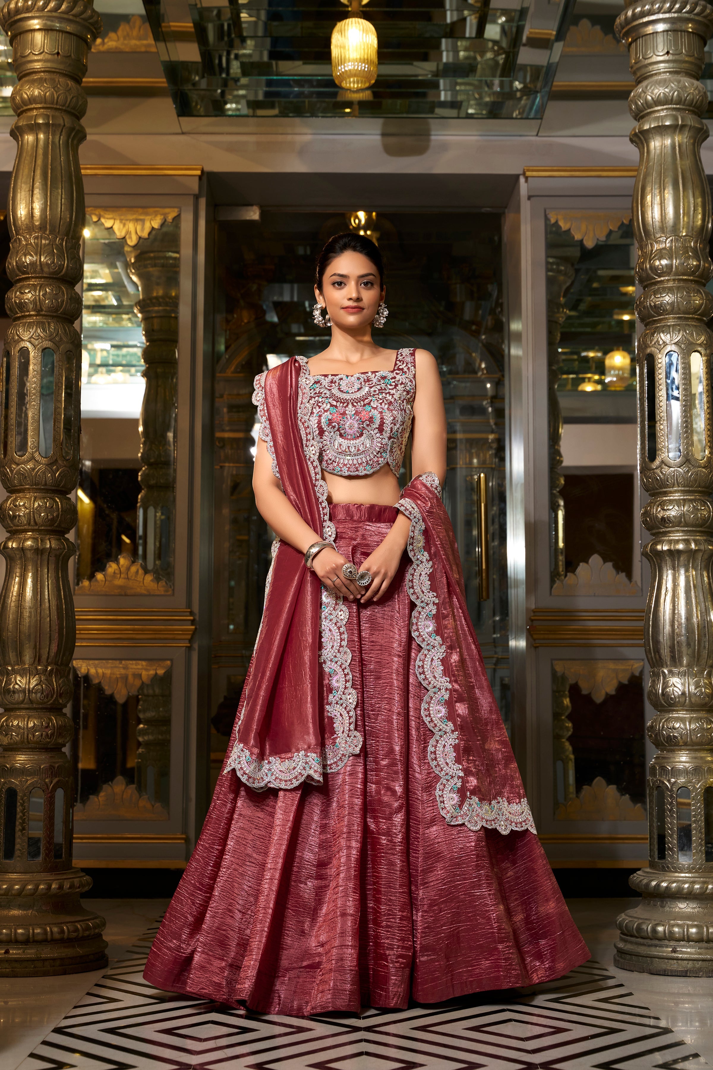 Lorenvalley Rust Gold Crush Fabric Plain Lehenga with Sequins and Thread Embroidery with Jarkan Diamond Work Choli and Dupatta | Grocsy