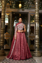 Lorenvalley Rust Gold Crush Fabric Plain Lehenga with Sequins and Thread Embroidery with Jarkan Diamond Work Choli and Dupatta | Grocsy