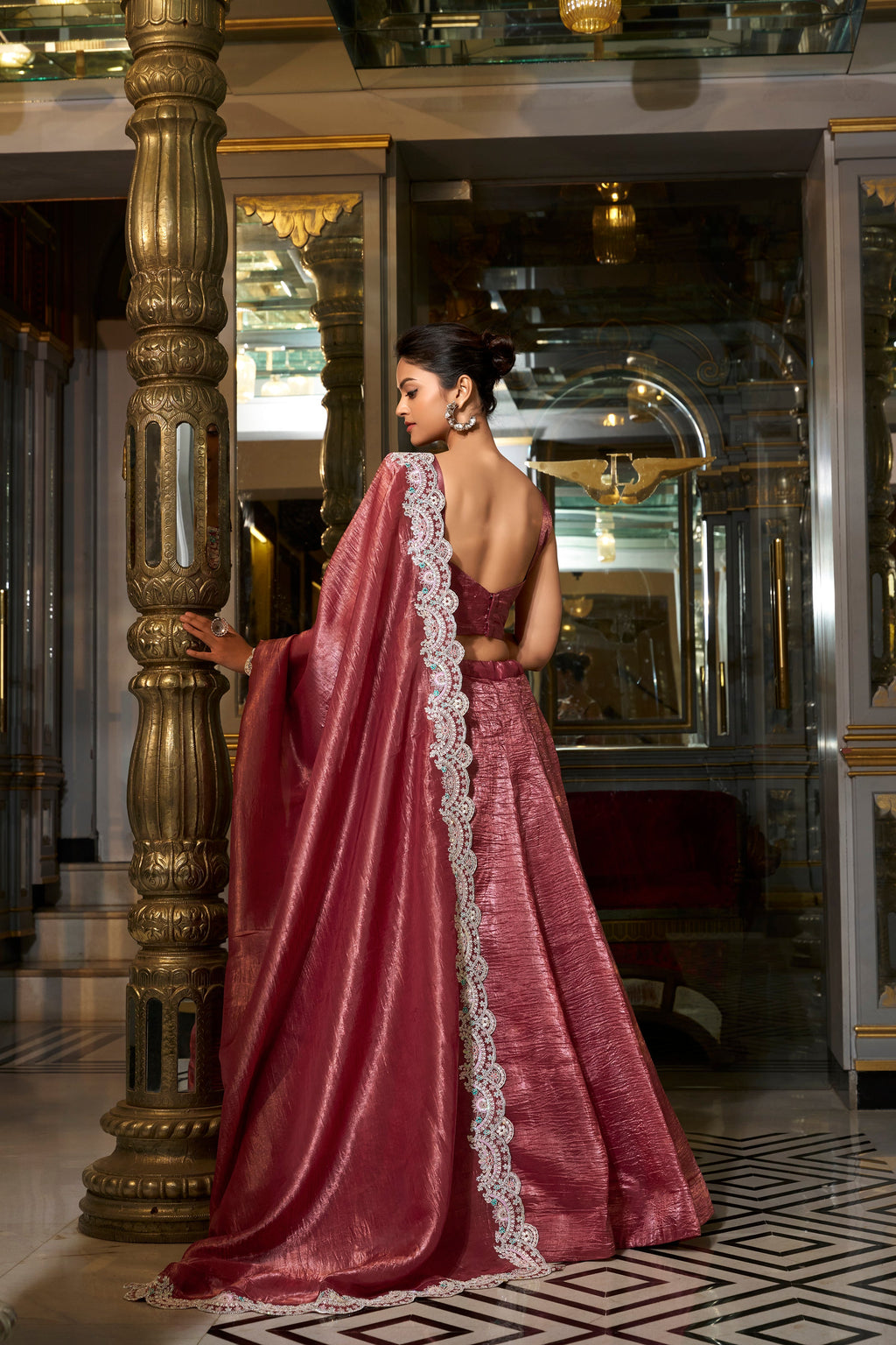 Lorenvalley Rust Gold Crush Fabric Plain Lehenga with Sequins and Thread Embroidery with Jarkan Diamond Work Choli and Dupatta | Grocsy