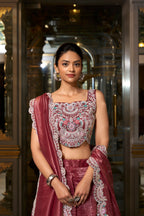 Lorenvalley Rust Gold Crush Fabric Plain Lehenga with Sequins and Thread Embroidery with Jarkan Diamond Work Choli and Dupatta | Grocsy