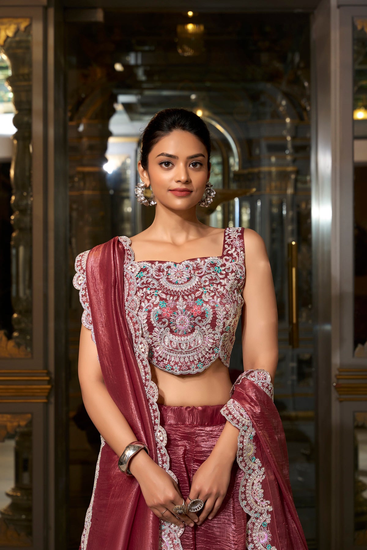 Lorenvalley Rust Gold Crush Fabric Plain Lehenga with Sequins and Thread Embroidery with Jarkan Diamond Work Choli and Dupatta | Grocsy