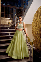 Lorenvalley Parrot Green Gold Crush Fabric Plain Lehenga with Sequins and Thread Embroidery with Jarkan Diamond Work Choli and Dupatta | Grocsy