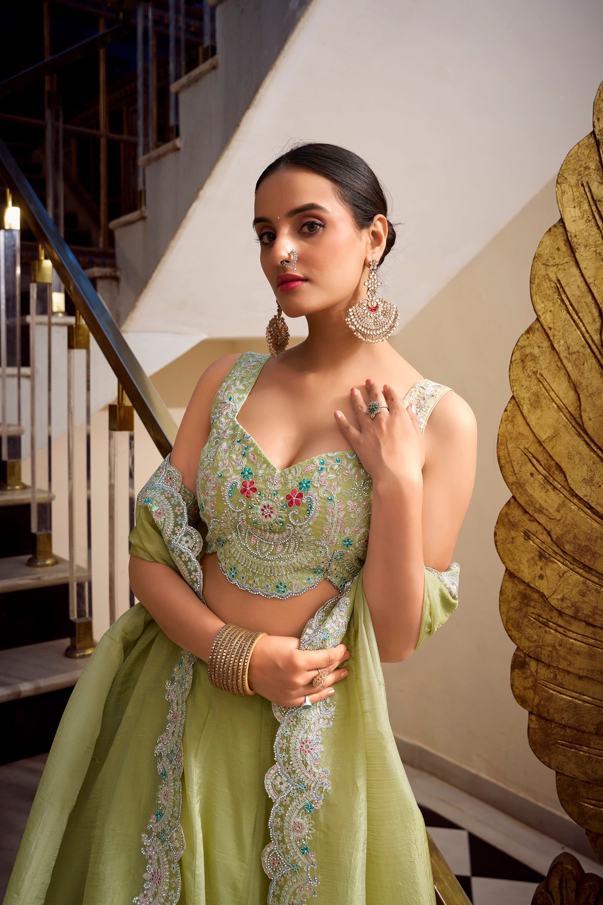 Lorenvalley Parrot Green Gold Crush Fabric Plain Lehenga with Sequins and Thread Embroidery with Jarkan Diamond Work Choli and Dupatta | Grocsy
