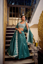 Lorenvalley Teal Gold Crush Fabric Plain Lehenga with Sequins and Thread Embroidery with Jarkan Diamond Work Choli and Dupatta | Grocsy
