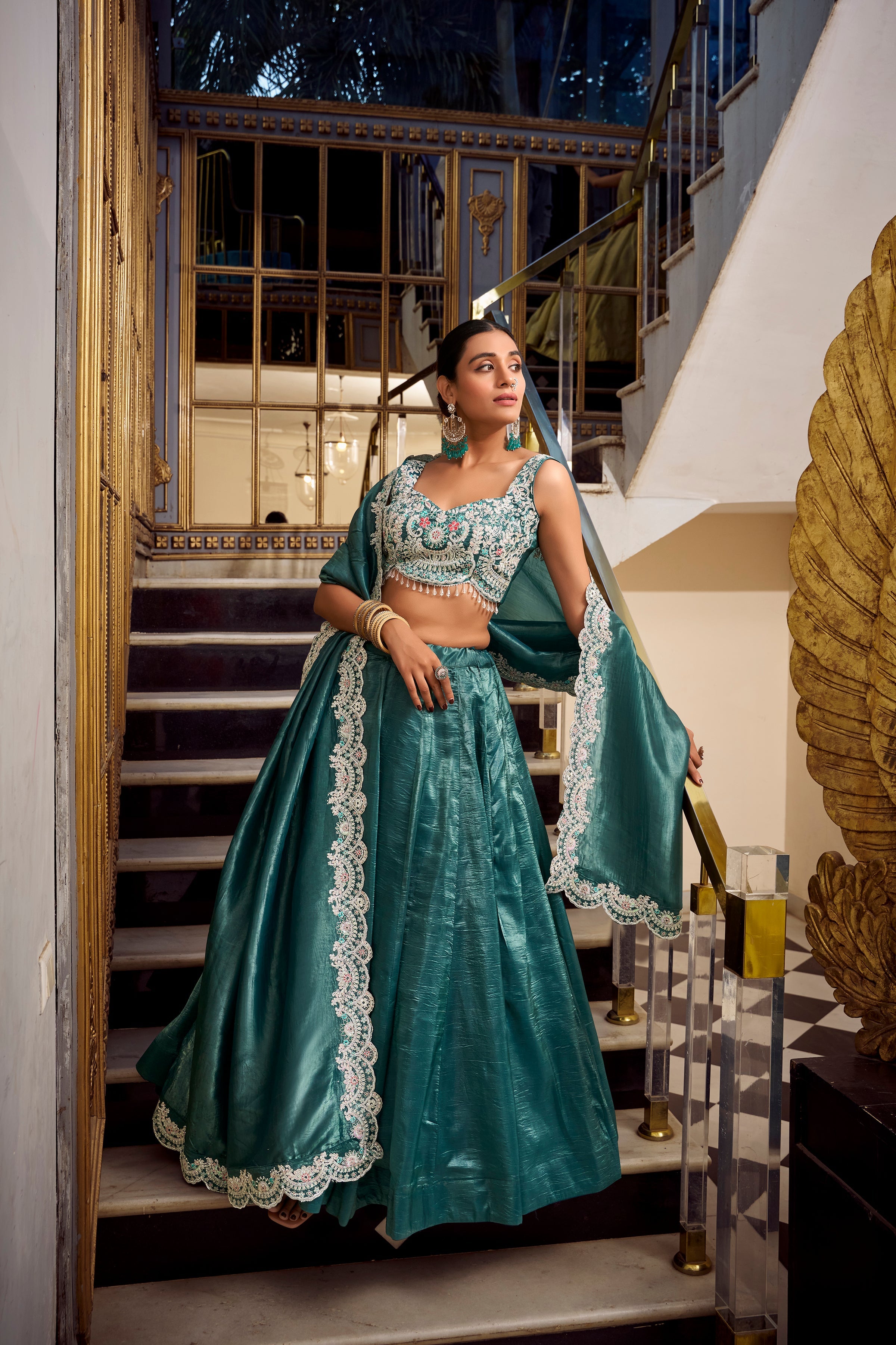 Lorenvalley Teal Gold Crush Fabric Plain Lehenga with Sequins and Thread Embroidery with Jarkan Diamond Work Choli and Dupatta | Grocsy