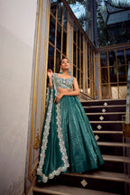 Lorenvalley Teal Gold Crush Fabric Plain Lehenga with Sequins and Thread Embroidery with Jarkan Diamond Work Choli and Dupatta | Grocsy