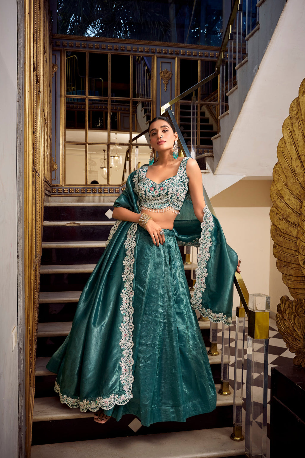 Lorenvalley Teal Gold Crush Fabric Plain Lehenga with Sequins and Thread Embroidery with Jarkan Diamond Work Choli and Dupatta | Grocsy