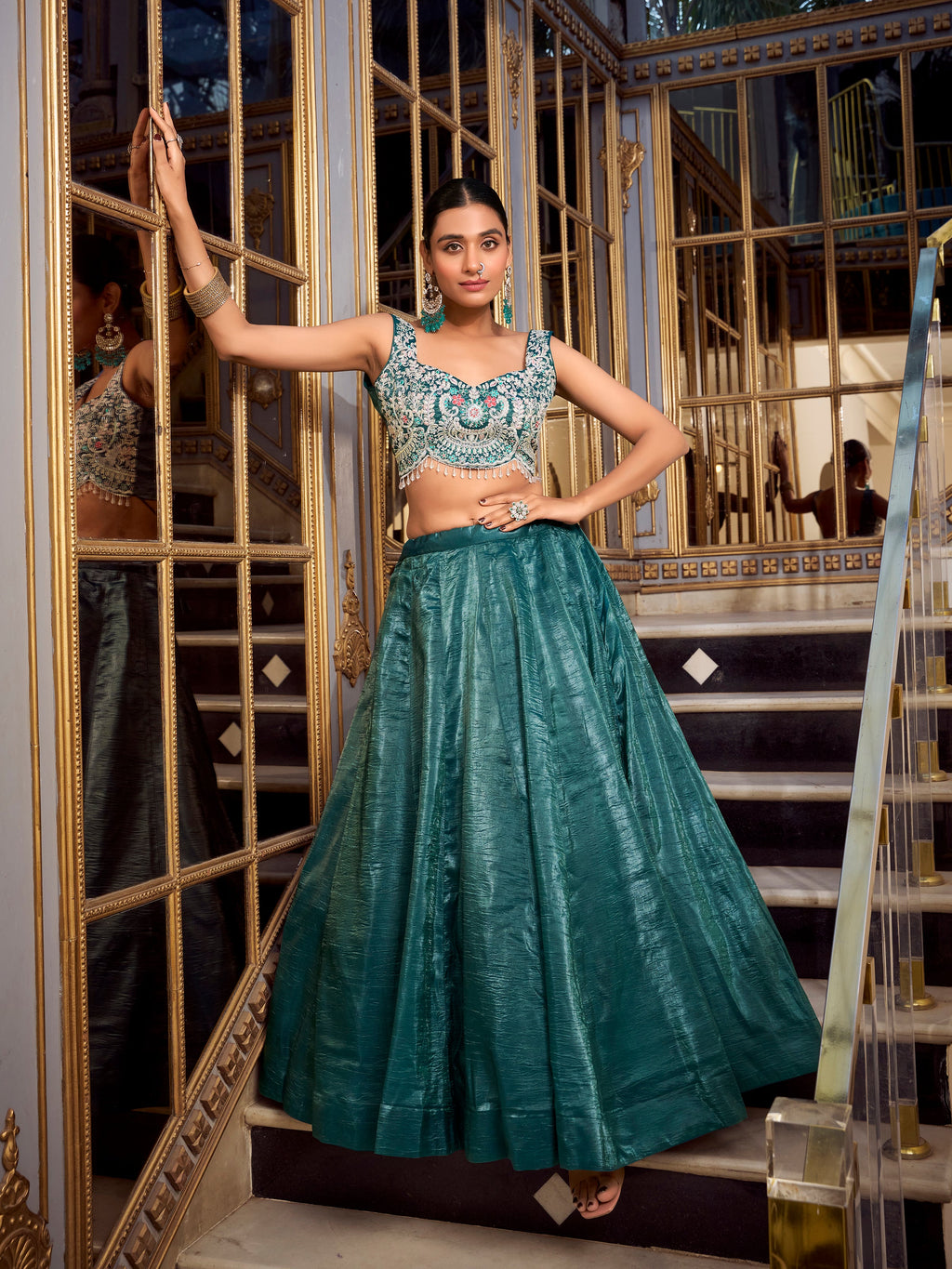 Lorenvalley Teal Gold Crush Fabric Plain Lehenga with Sequins and Thread Embroidery with Jarkan Diamond Work Choli and Dupatta | Grocsy