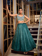 Lorenvalley Teal Gold Crush Fabric Plain Lehenga with Sequins and Thread Embroidery with Jarkan Diamond Work Choli and Dupatta | Grocsy
