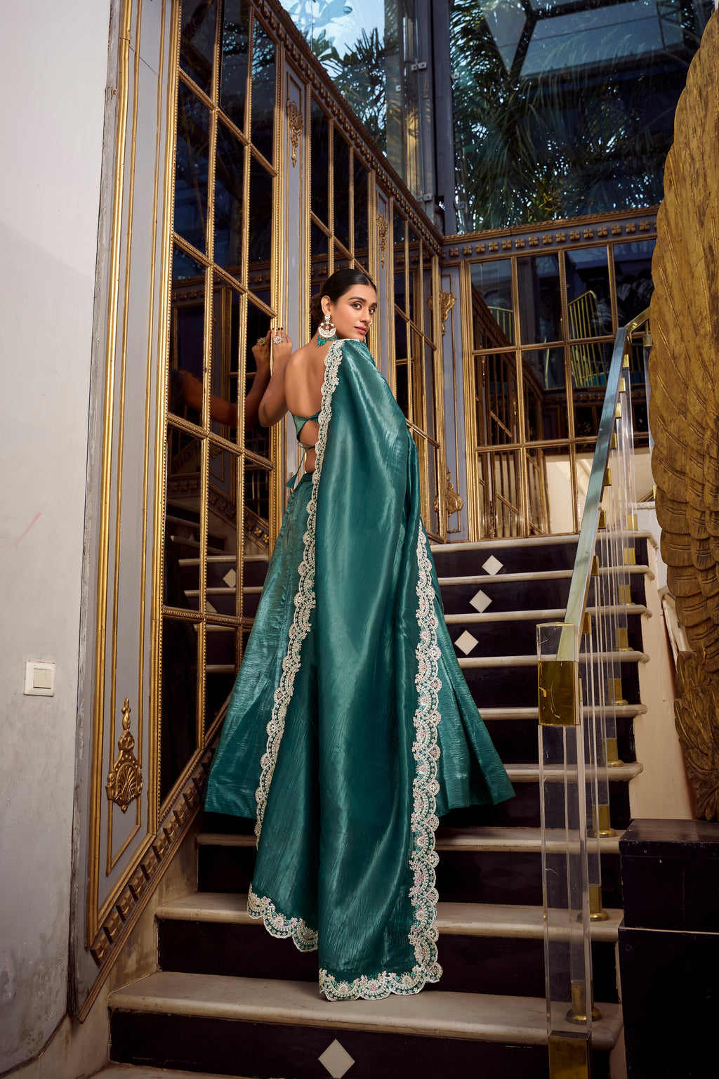 Lorenvalley Teal Gold Crush Fabric Plain Lehenga with Sequins and Thread Embroidery with Jarkan Diamond Work Choli and Dupatta | Grocsy