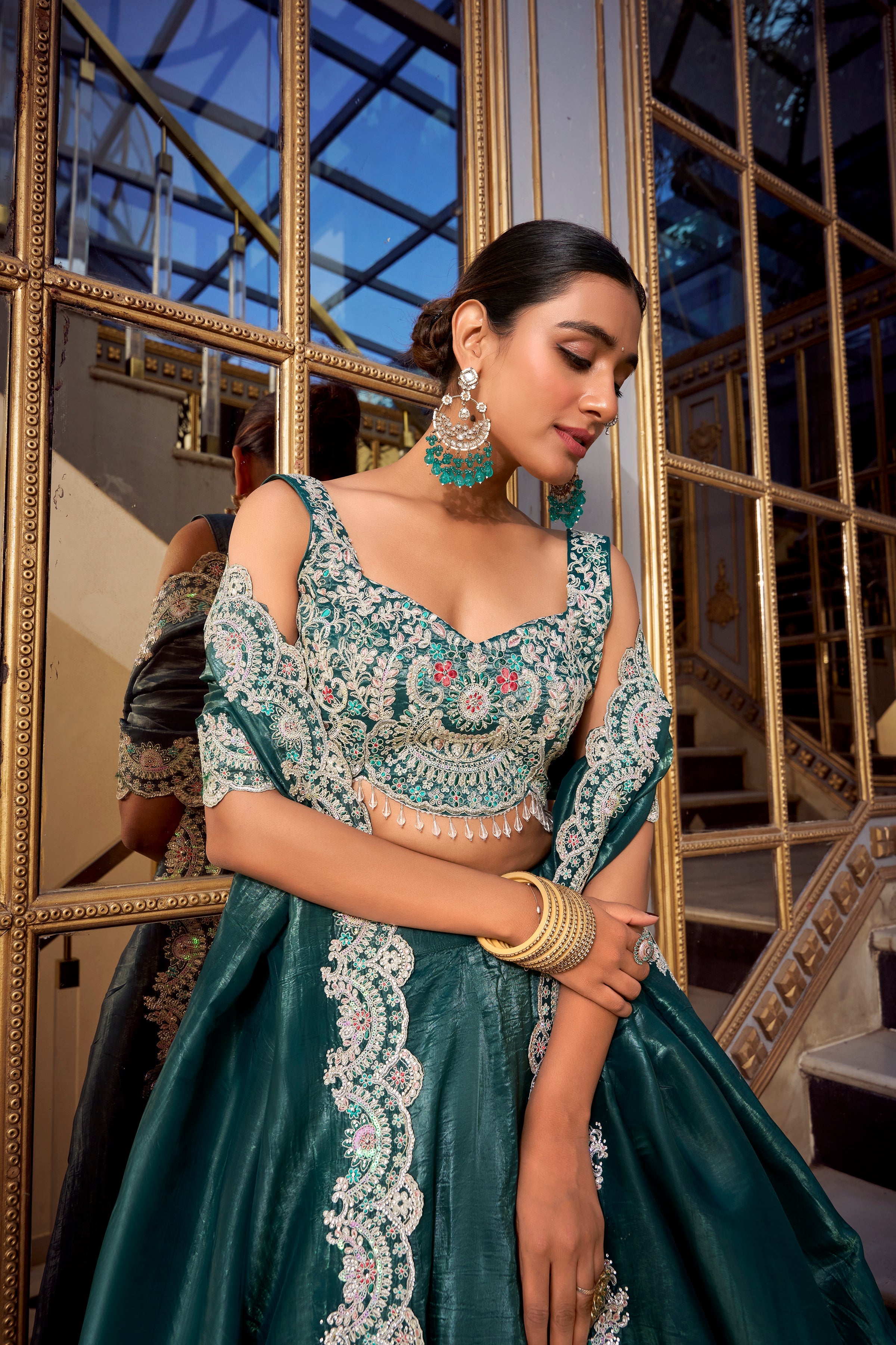Lorenvalley Teal Gold Crush Fabric Plain Lehenga with Sequins and Thread Embroidery with Jarkan Diamond Work Choli and Dupatta | Grocsy
