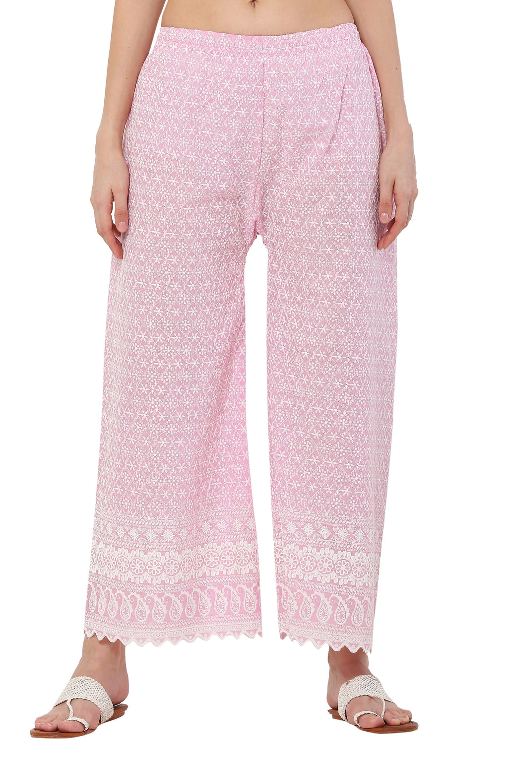PAVONINE Pink Color Full Thread Chikankari Cotton Fabric Sharara For Women | Grocsy