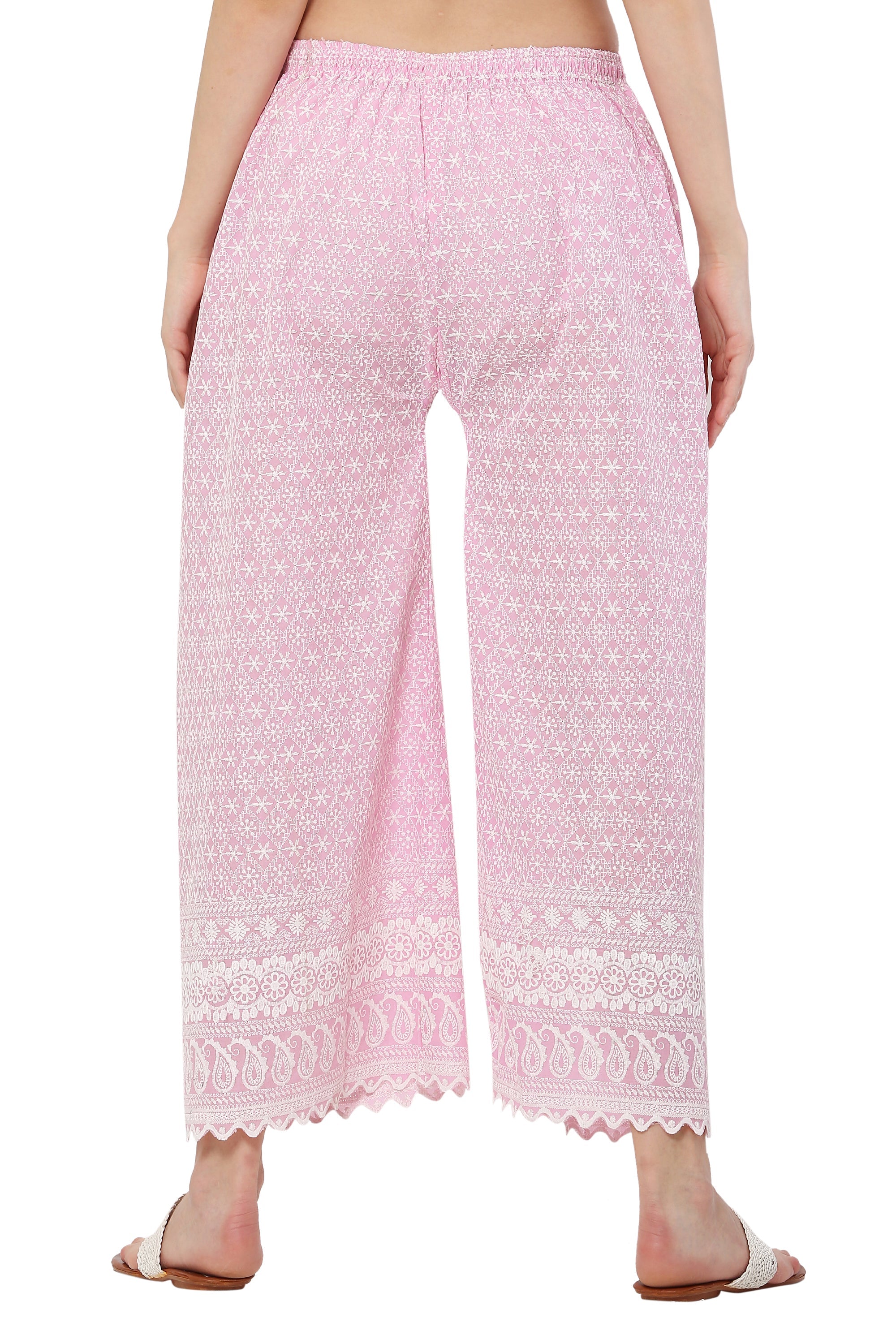 PAVONINE Pink Color Full Thread Chikankari Cotton Fabric Palazzo For Women | Grocsy