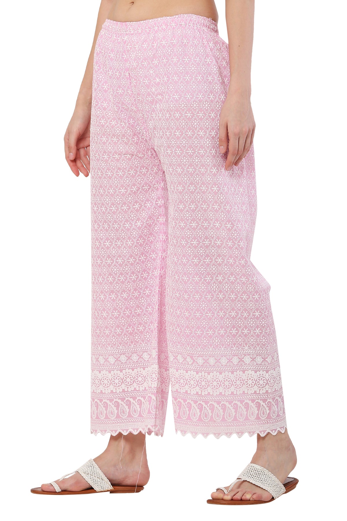 PAVONINE Pink Color Full Thread Chikankari Cotton Fabric Palazzo For Women | Grocsy
