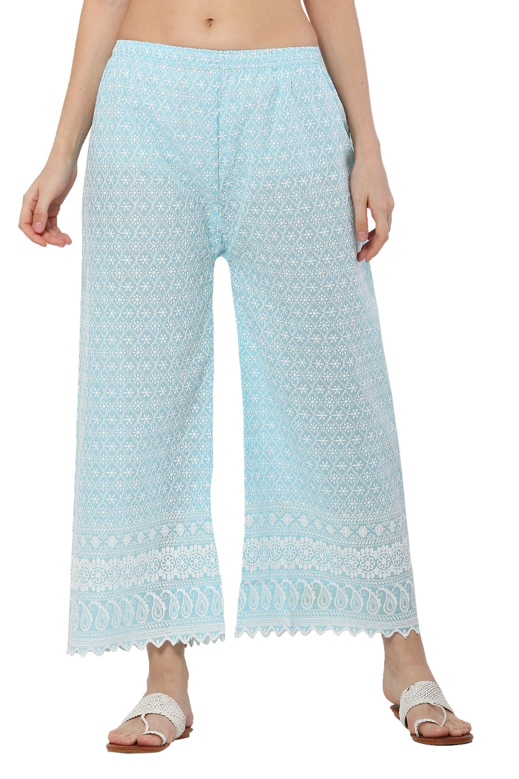PAVONINE Rama Green Color Full Thread Chikankari Cotton Fabric Palazzo For Women | Grocsy