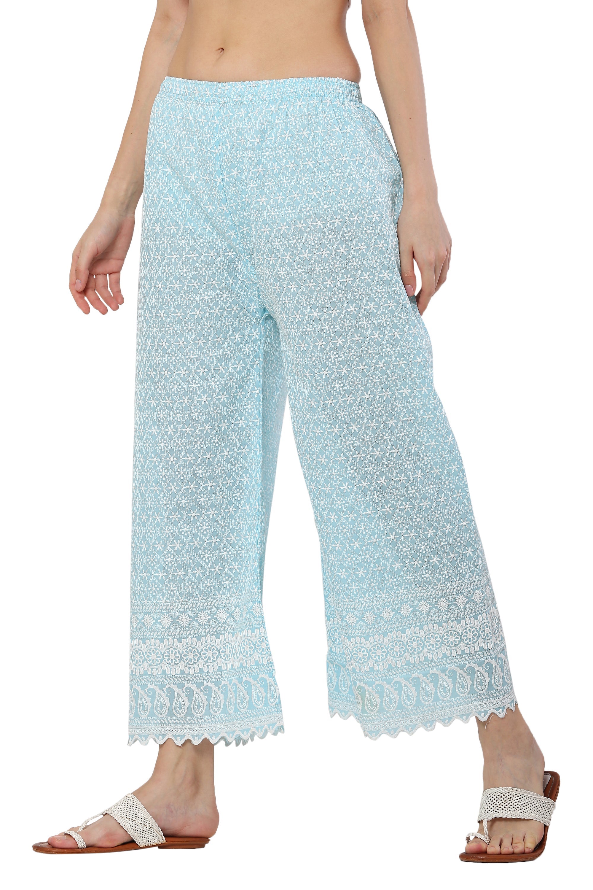 PAVONINE Rama Green Color Full Thread Chikankari Cotton Fabric Palazzo For Women | Grocsy