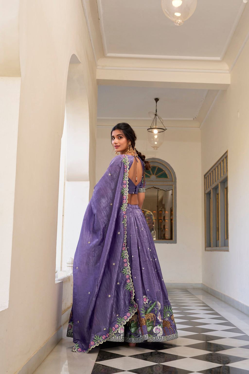 Lorenvalley Lavender Gold Crush Fabric with Sequins and Thread Embroidery Work Lehenga Choli | Grocsy