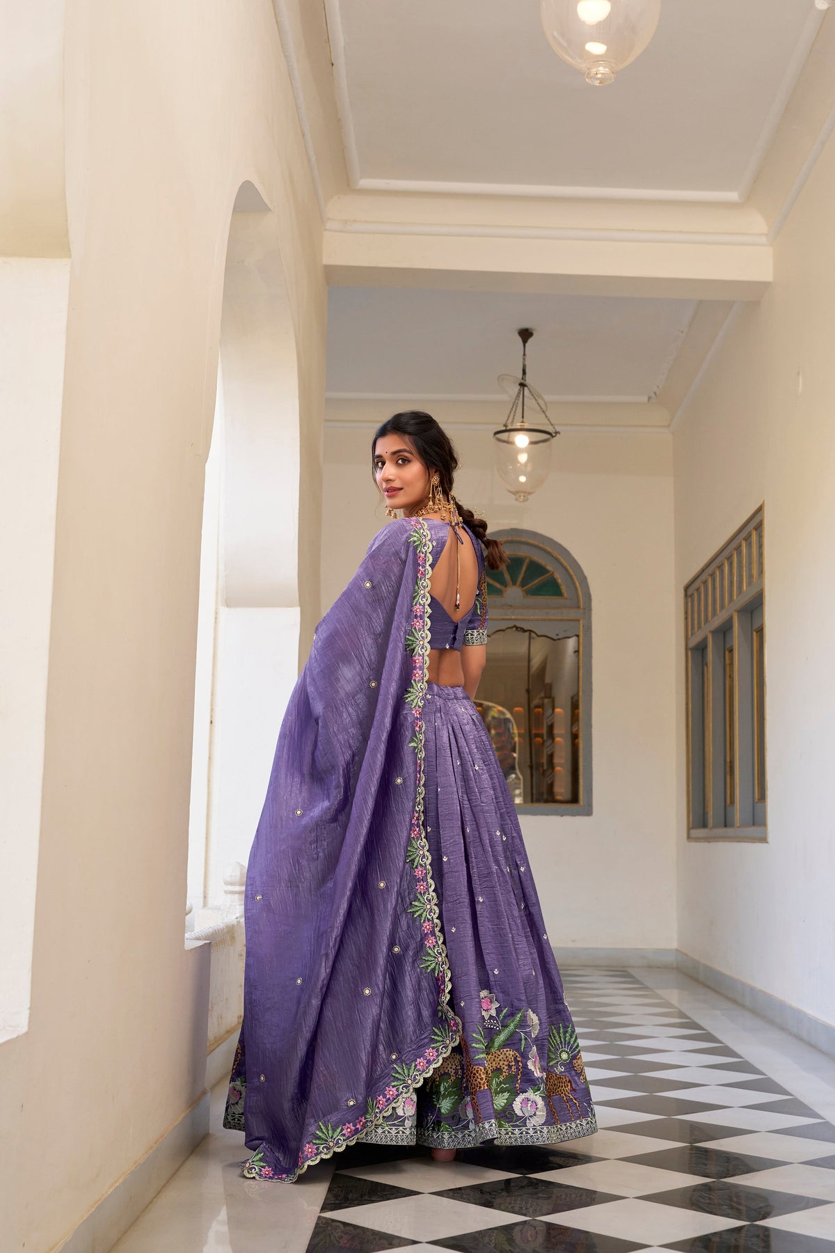 Lorenvalley Lavender Gold Crush Fabric with Sequins and Thread Embroidery Work Lehenga Choli | Grocsy