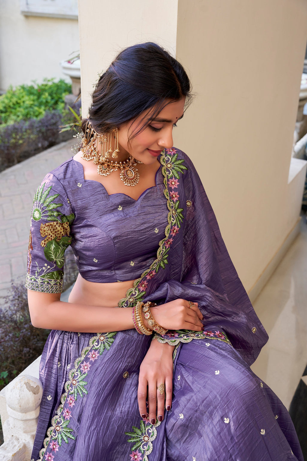Lorenvalley Lavender Gold Crush Fabric with Sequins and Thread Embroidery Work Lehenga Choli | Grocsy