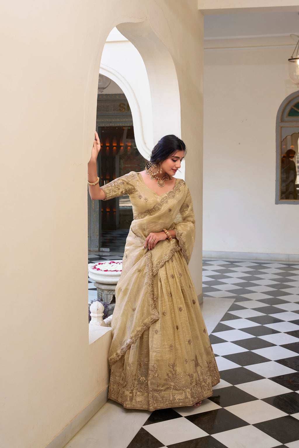 Lorenvalley Cream Gold Crush Fabric with Sequins and Thread Embroidery Work Lehenga Choli | Grocsy