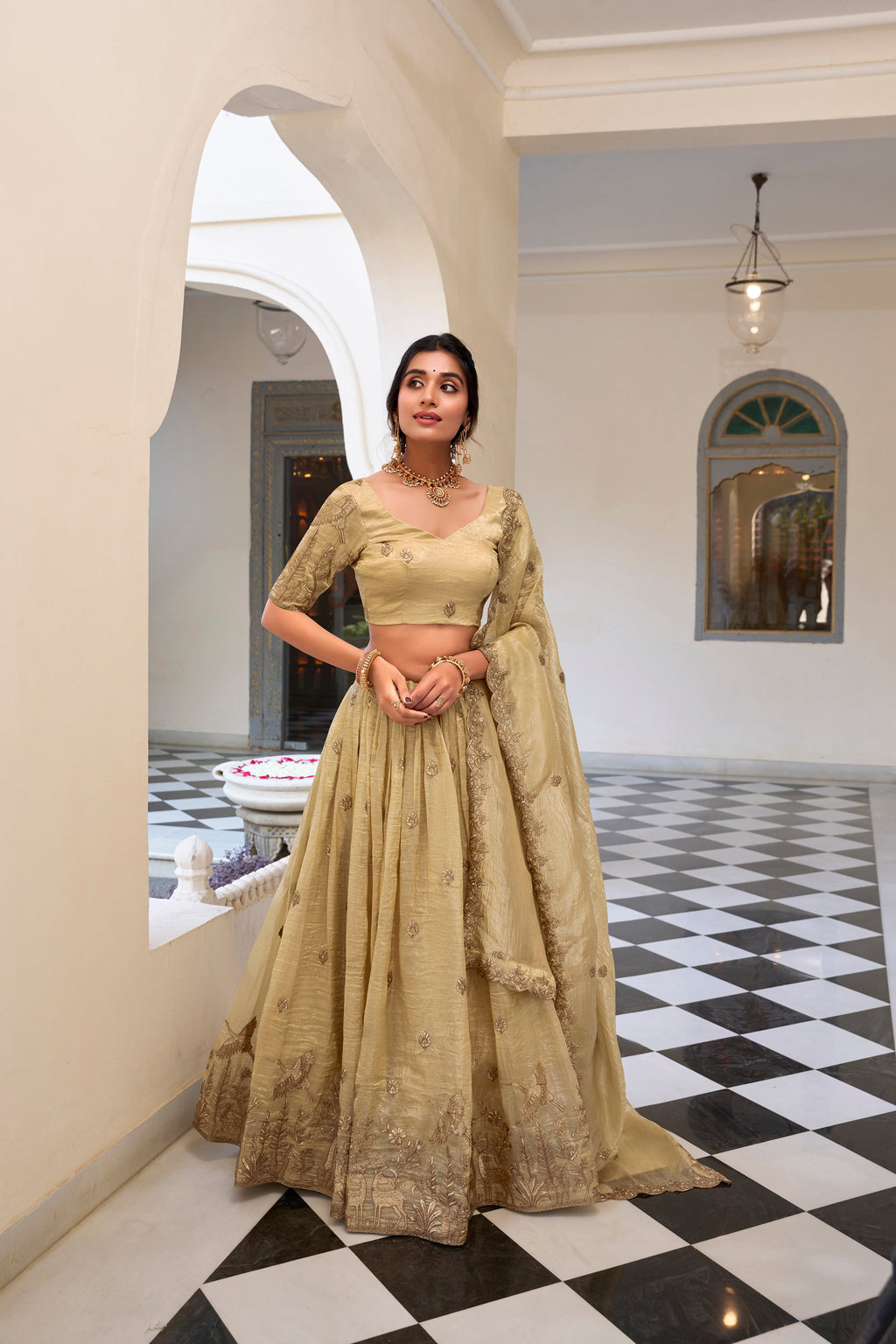 Lorenvalley Cream Gold Crush Fabric with Sequins and Thread Embroidery Work Lehenga Choli | Grocsy