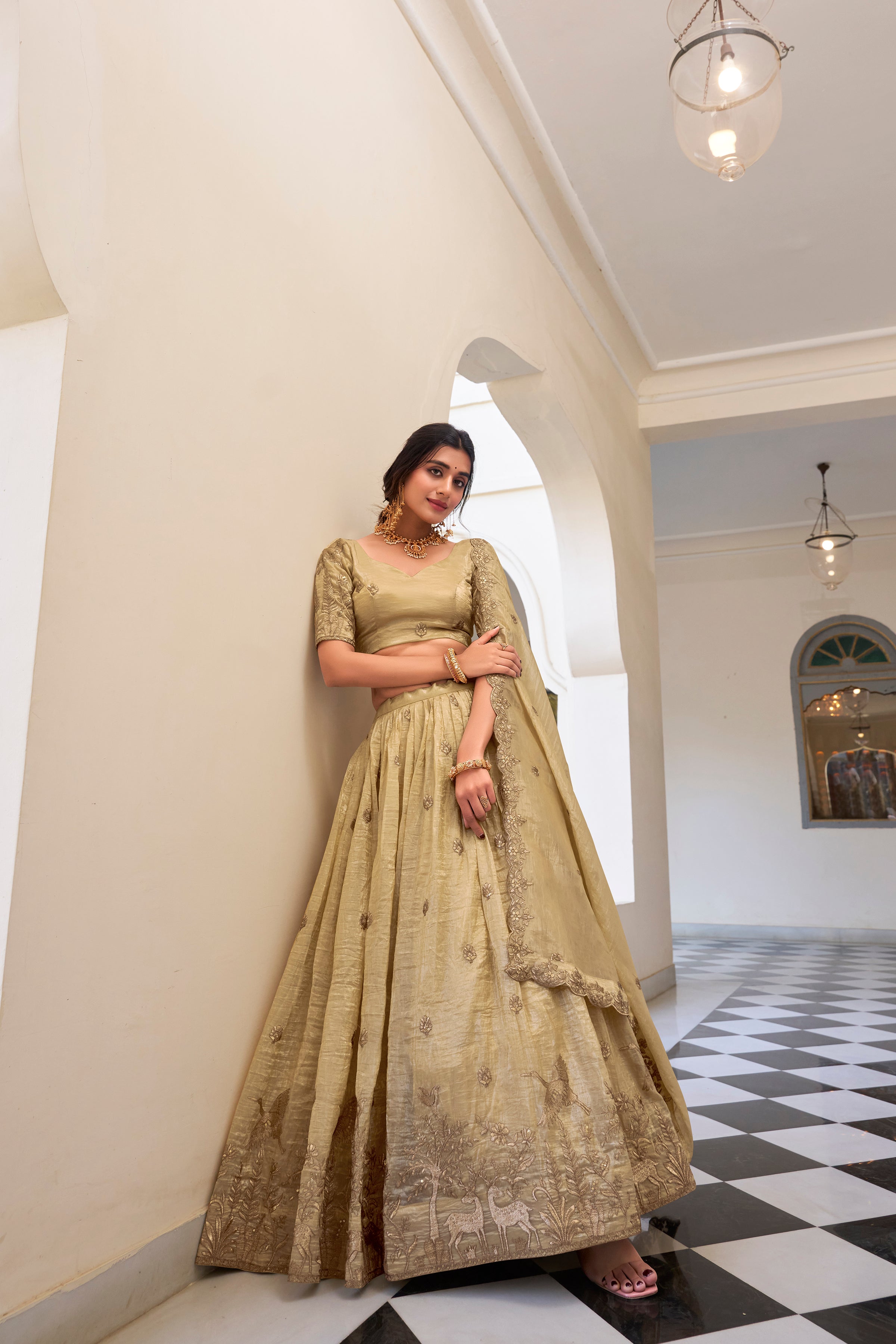 Lorenvalley Cream Gold Crush Fabric with Sequins and Thread Embroidery Work Lehenga Choli | Grocsy