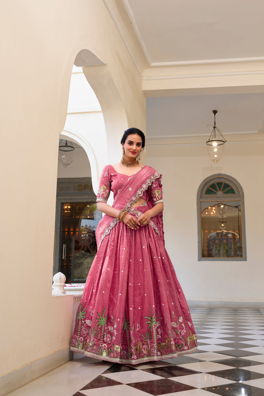 Lorenvalley Pink Gold Crush Fabric with Sequins and Thread Embroidery Work Lehenga Choli | Grocsy
