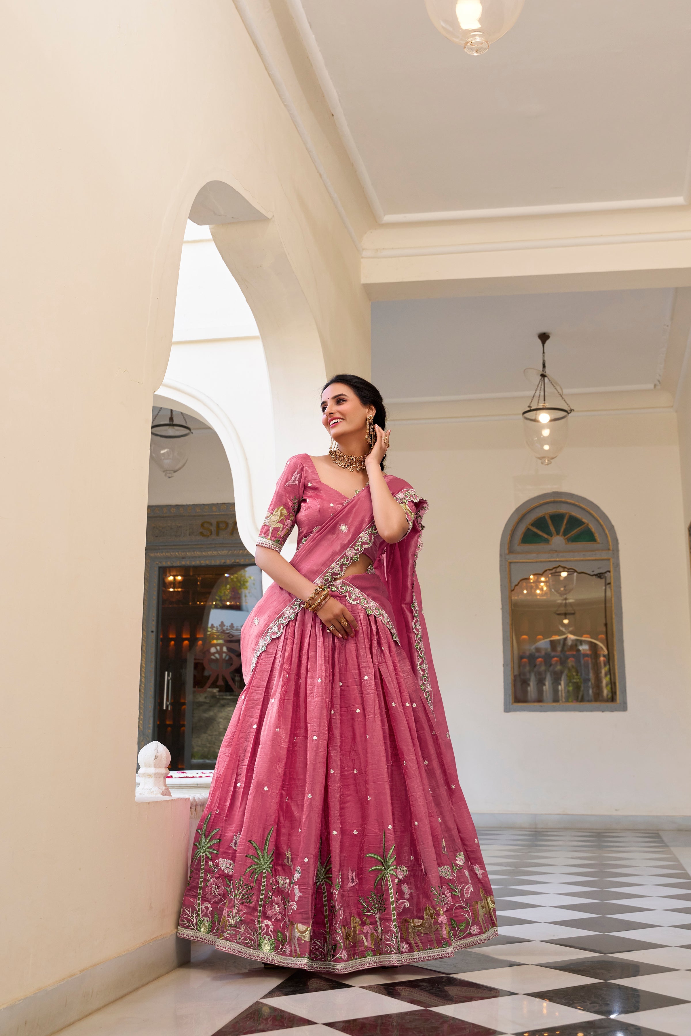 Lorenvalley Pink Gold Crush Fabric with Sequins and Thread Embroidery Work Lehenga Choli | Grocsy