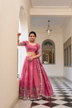 Lorenvalley Pink Gold Crush Fabric with Sequins and Thread Embroidery Work Lehenga Choli | Grocsy