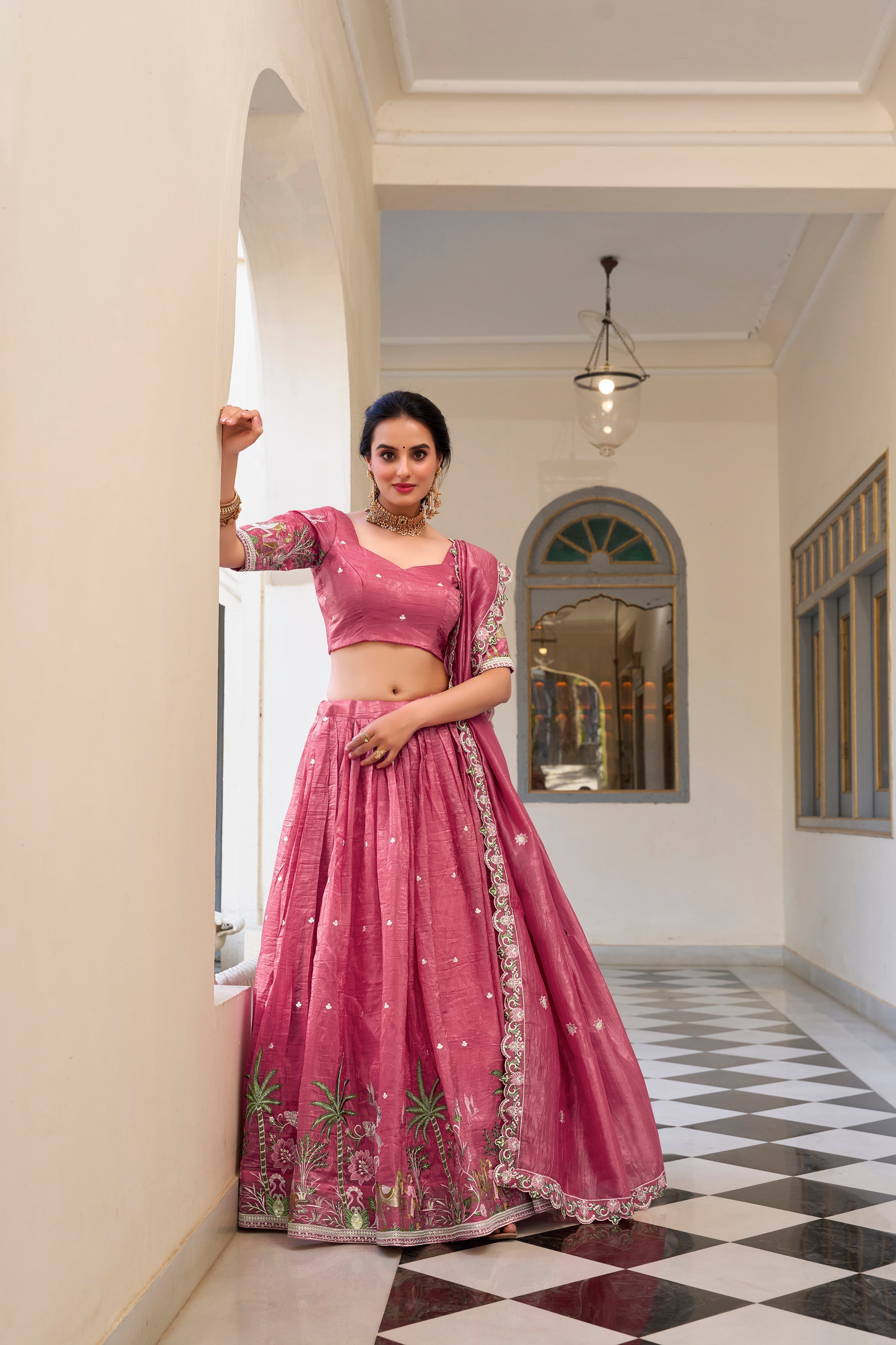 Lorenvalley Pink Gold Crush Fabric with Sequins and Thread Embroidery Work Lehenga Choli | Grocsy