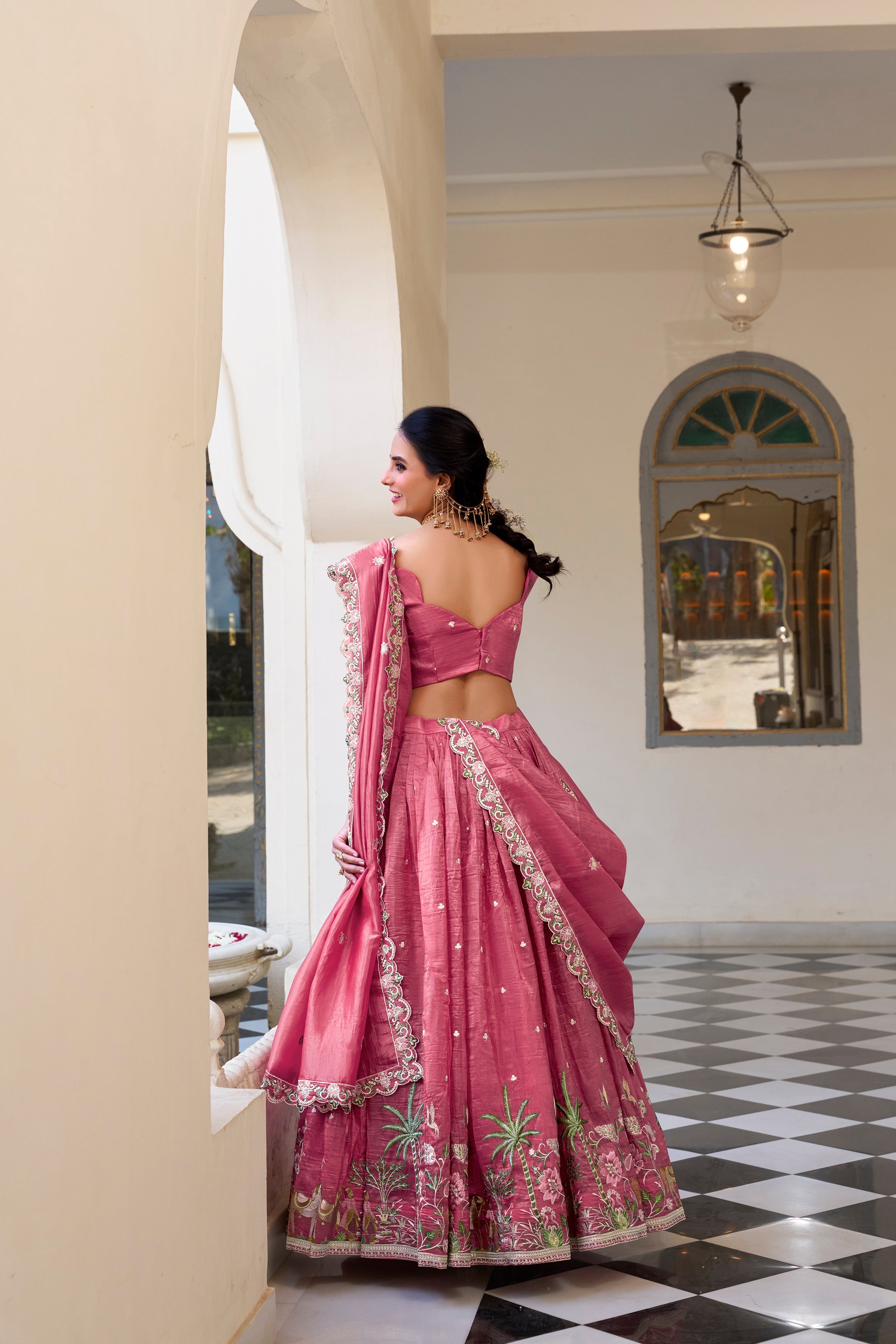 Lorenvalley Pink Gold Crush Fabric with Sequins and Thread Embroidery Work Lehenga Choli | Grocsy