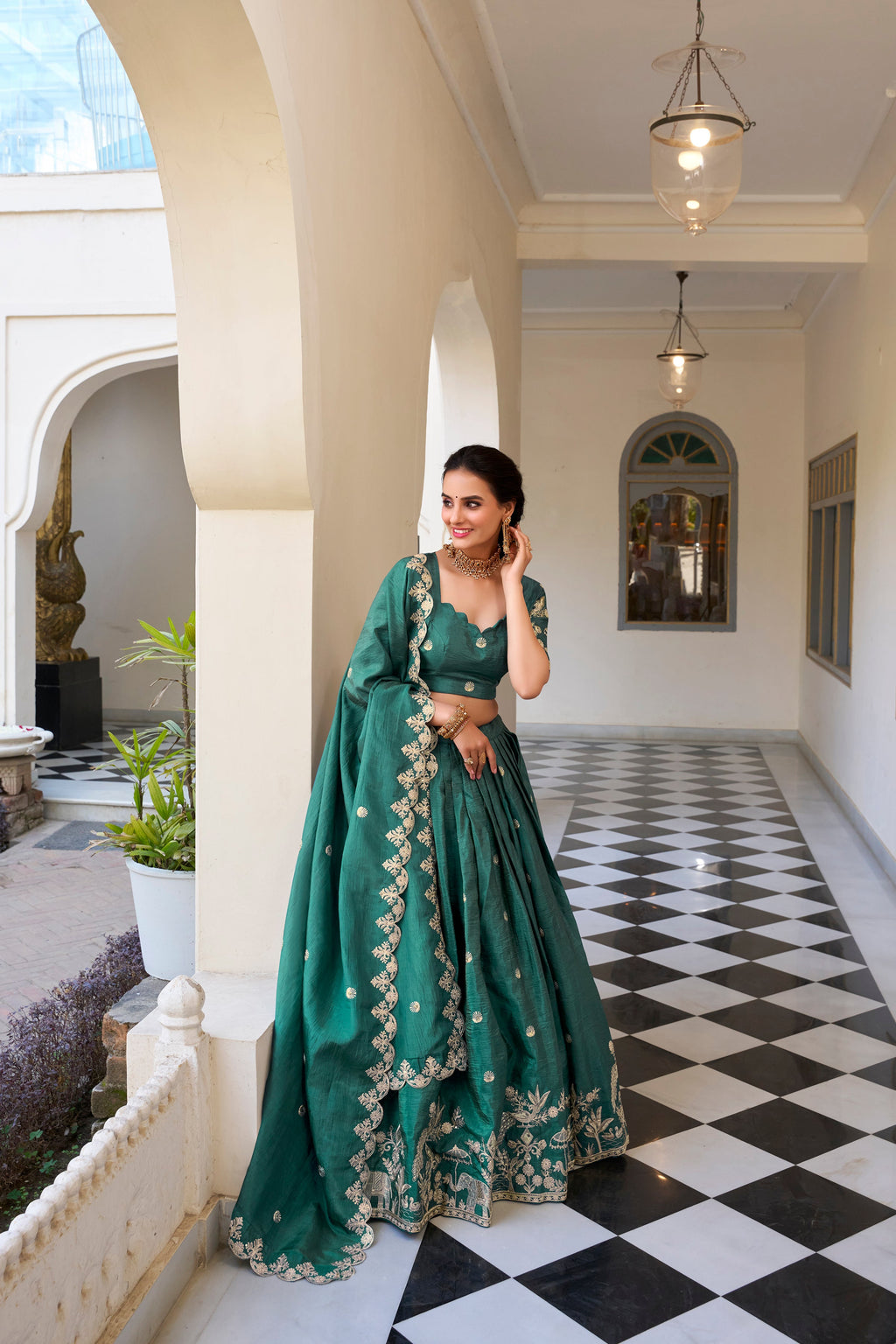 Lorenvalley Teal Gold Crush Fabric with Sequins and Thread Embroidery Work Lehenga Choli | Grocsy