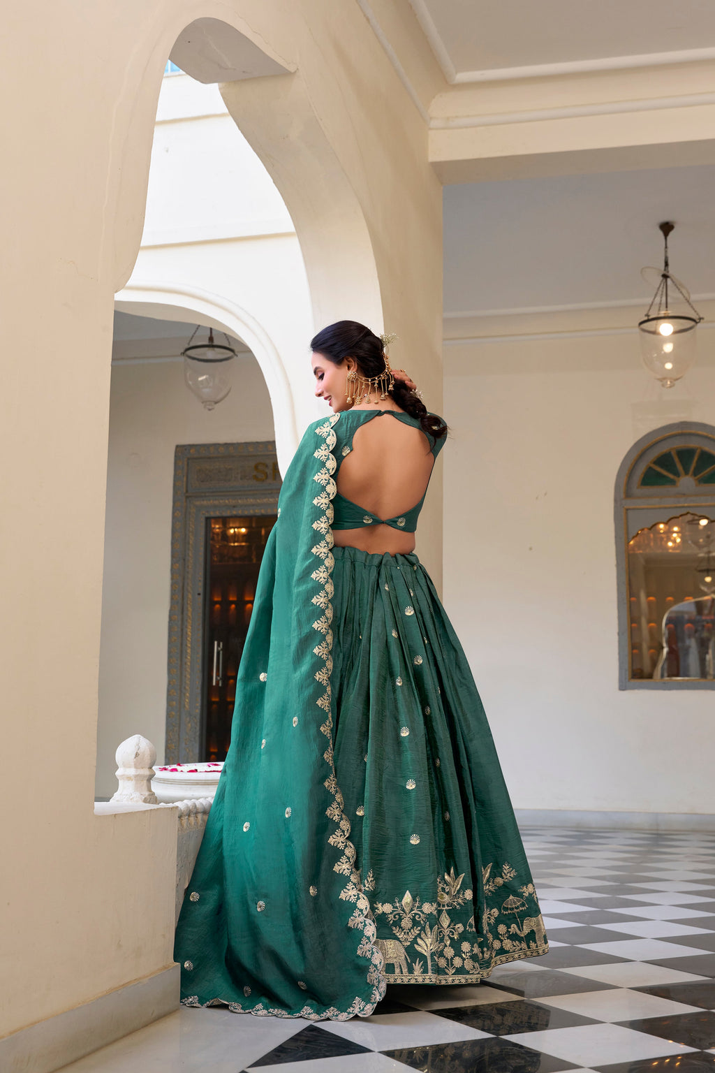 Lorenvalley Teal Gold Crush Fabric with Sequins and Thread Embroidery Work Lehenga Choli | Grocsy