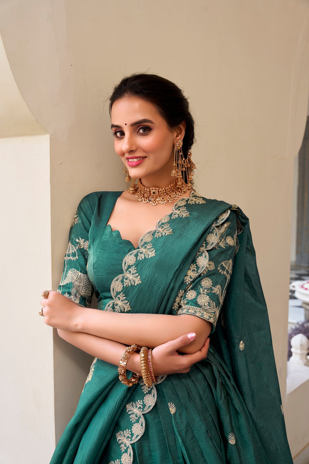 Lorenvalley Teal Gold Crush Fabric with Sequins and Thread Embroidery Work Lehenga Choli | Grocsy