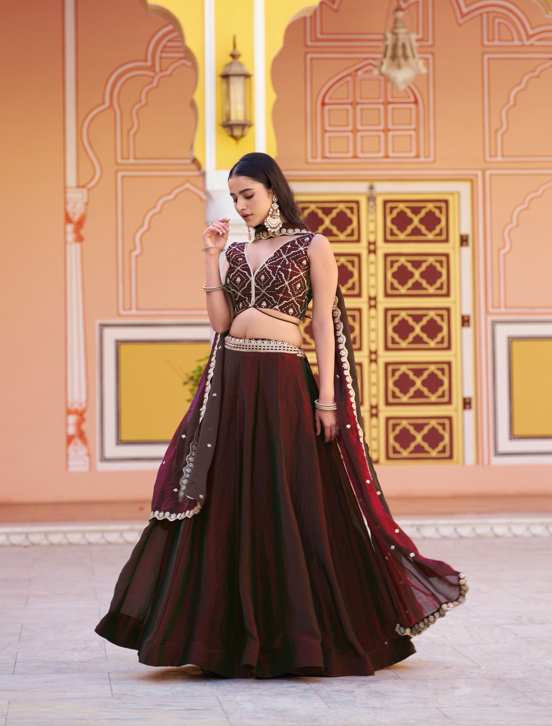 Lorenvalley Fashion Maroon Fendy Satin Sequins and Thread Embroidery Work Lehenga Choli with Dupatta | Grocsy