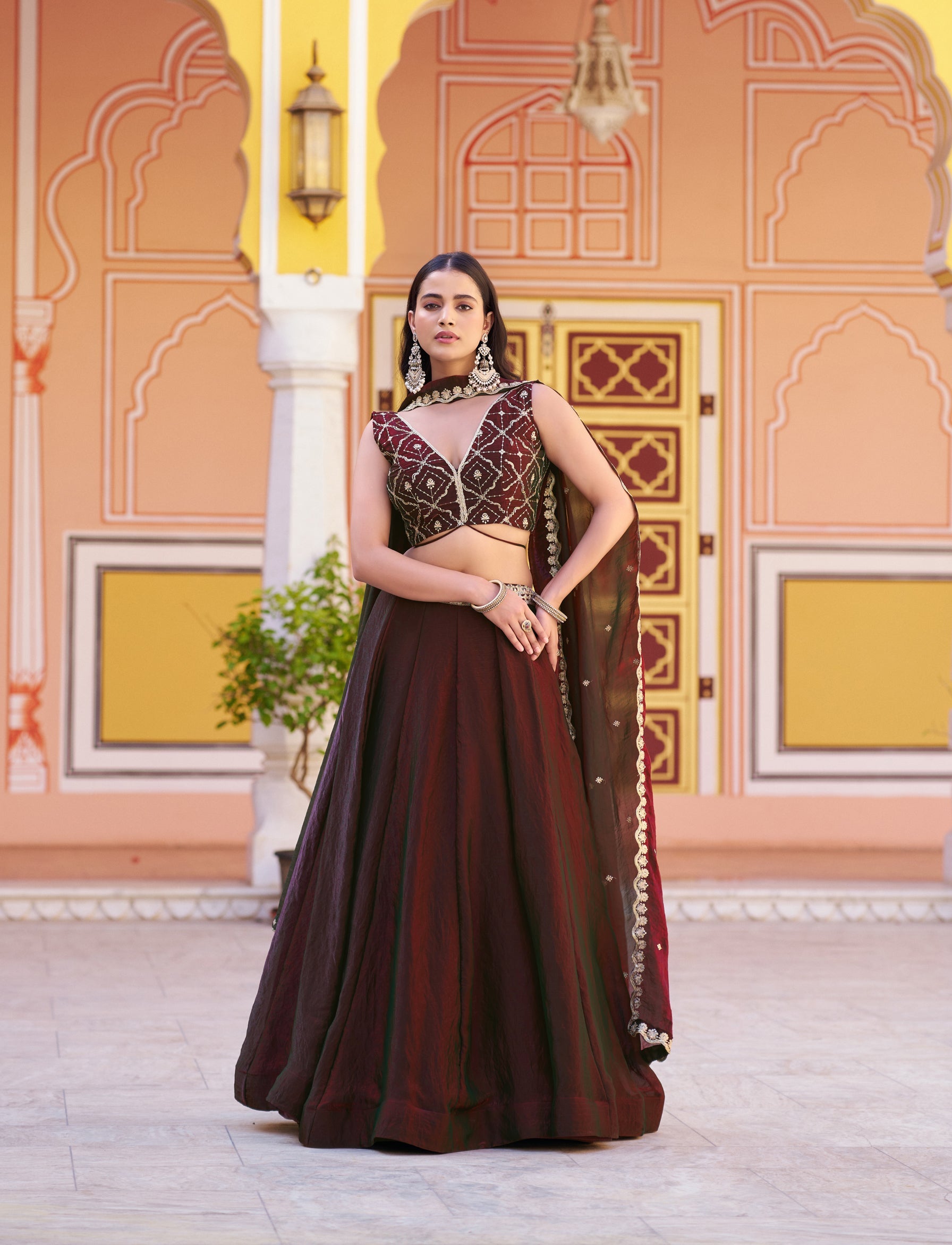 Lorenvalley Fashion Maroon Fendy Satin Sequins and Thread Embroidery Work Lehenga Choli with Dupatta | Grocsy