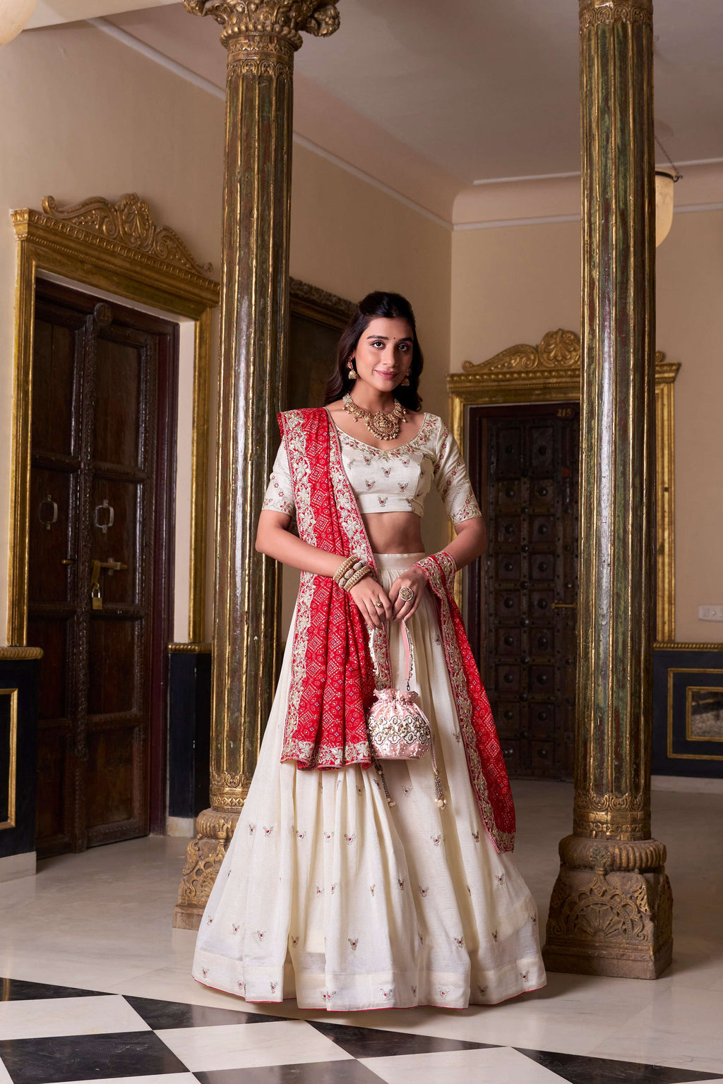 Lorenvalley Fashion Offwhite Vichitra Silk Sequins and Thread Embroidery Work Lehenga Choli with Dupatta | Grocsy