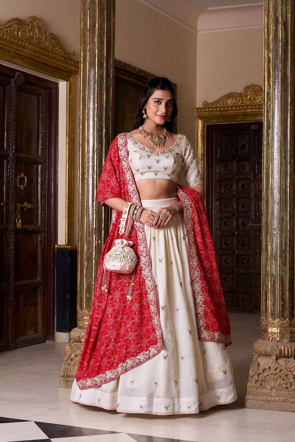Lorenvalley Fashion Offwhite Vichitra Silk Sequins and Thread Embroidery Work Lehenga Choli with Dupatta | Grocsy