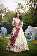 Lorenvalley Offwhite Khadi Cotton Sequins And Thread Embroidery Work Lehenga Choli with Dupatta | Grocsy