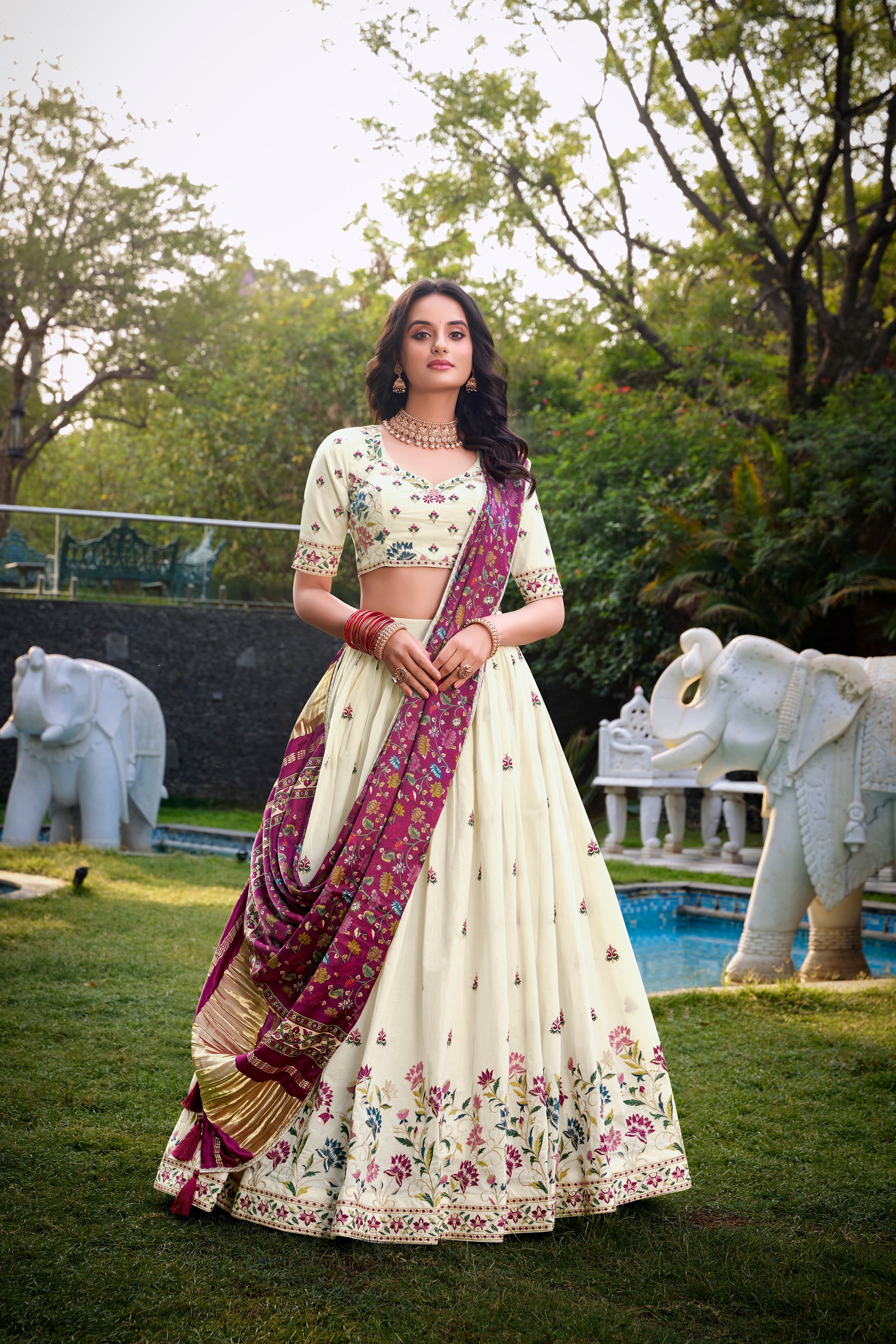 Lorenvalley Offwhite Khadi Cotton Sequins And Thread Embroidery Work Lehenga Choli with Dupatta | Grocsy