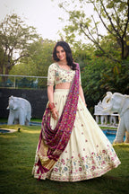 Lorenvalley Offwhite Khadi Cotton Sequins And Thread Embroidery Work Lehenga Choli with Dupatta | Grocsy