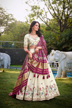 Lorenvalley Offwhite Khadi Cotton Sequins And Thread Embroidery Work Lehenga Choli with Dupatta | Grocsy