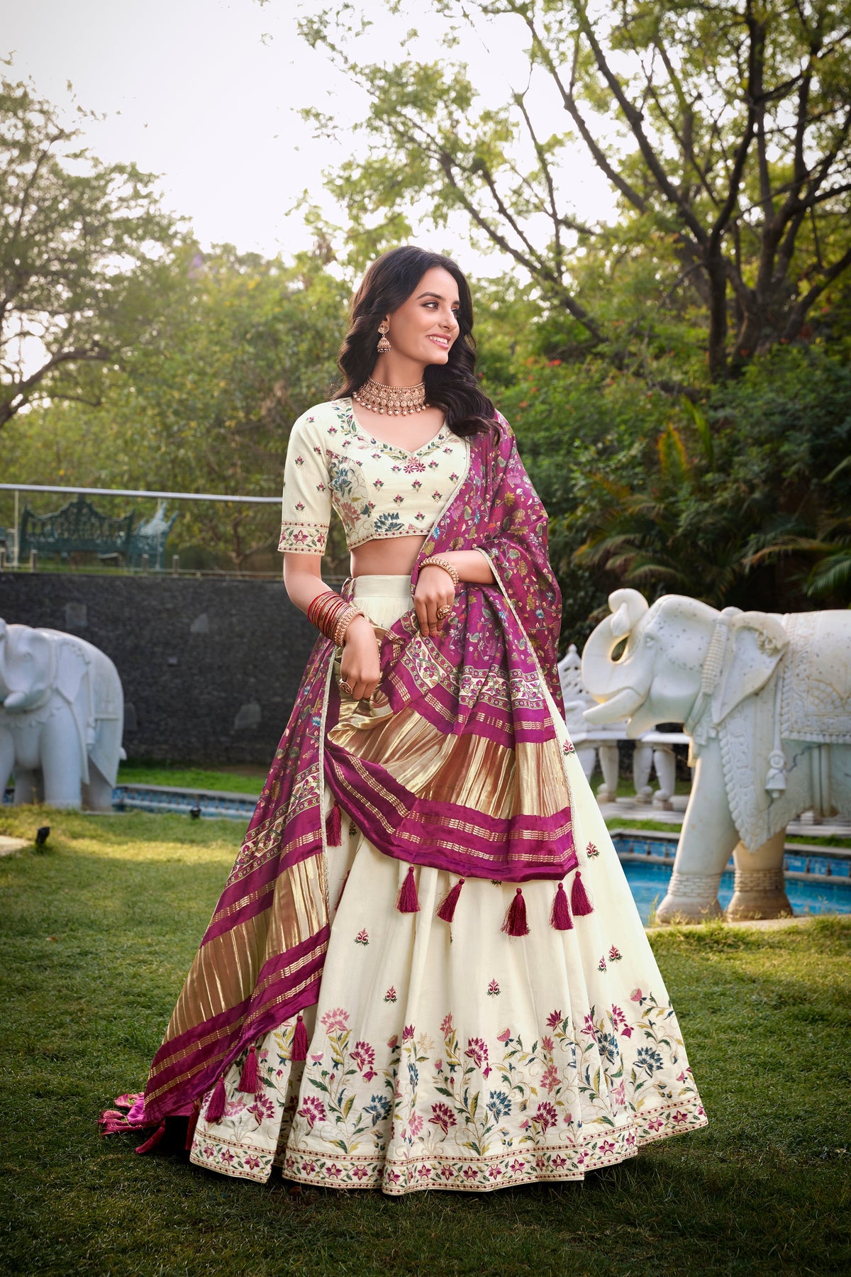 Lorenvalley Offwhite Khadi Cotton Sequins And Thread Embroidery Work Lehenga Choli with Dupatta | Grocsy