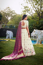 Lorenvalley Offwhite Khadi Cotton Sequins And Thread Embroidery Work Lehenga Choli with Dupatta | Grocsy