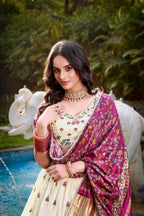 Lorenvalley Offwhite Khadi Cotton Sequins And Thread Embroidery Work Lehenga Choli with Dupatta | Grocsy