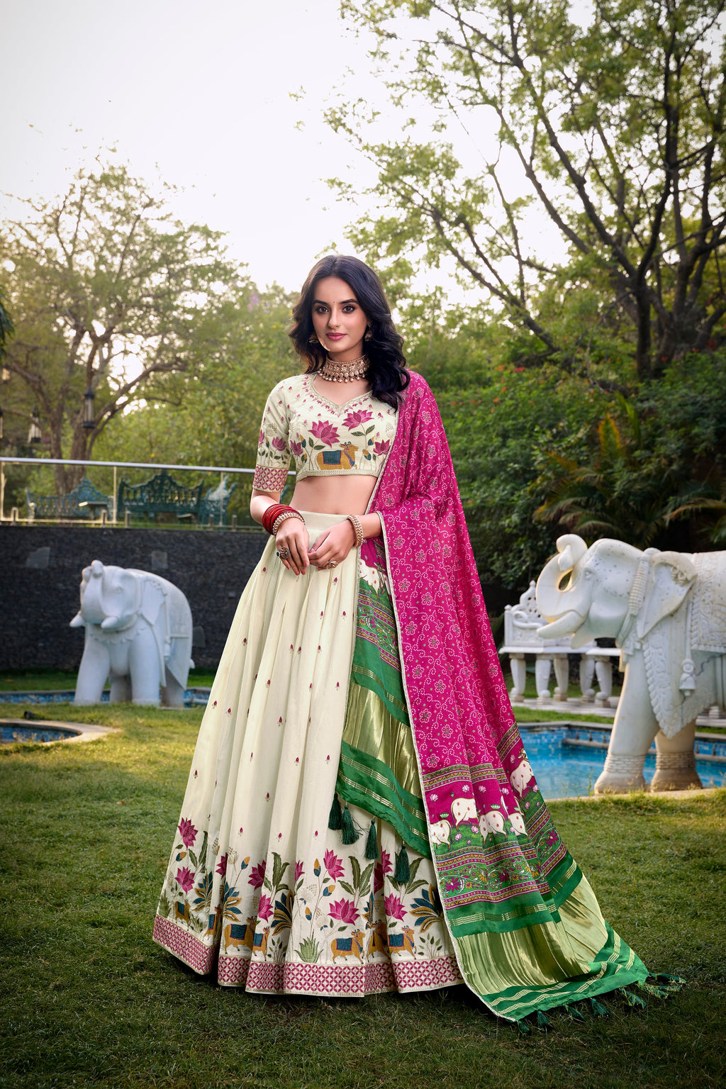Lorenvalley Offwhite Khadi Cotton Sequins And Thread Embroidery Work Lehenga Choli with Dupatta | Grocsy