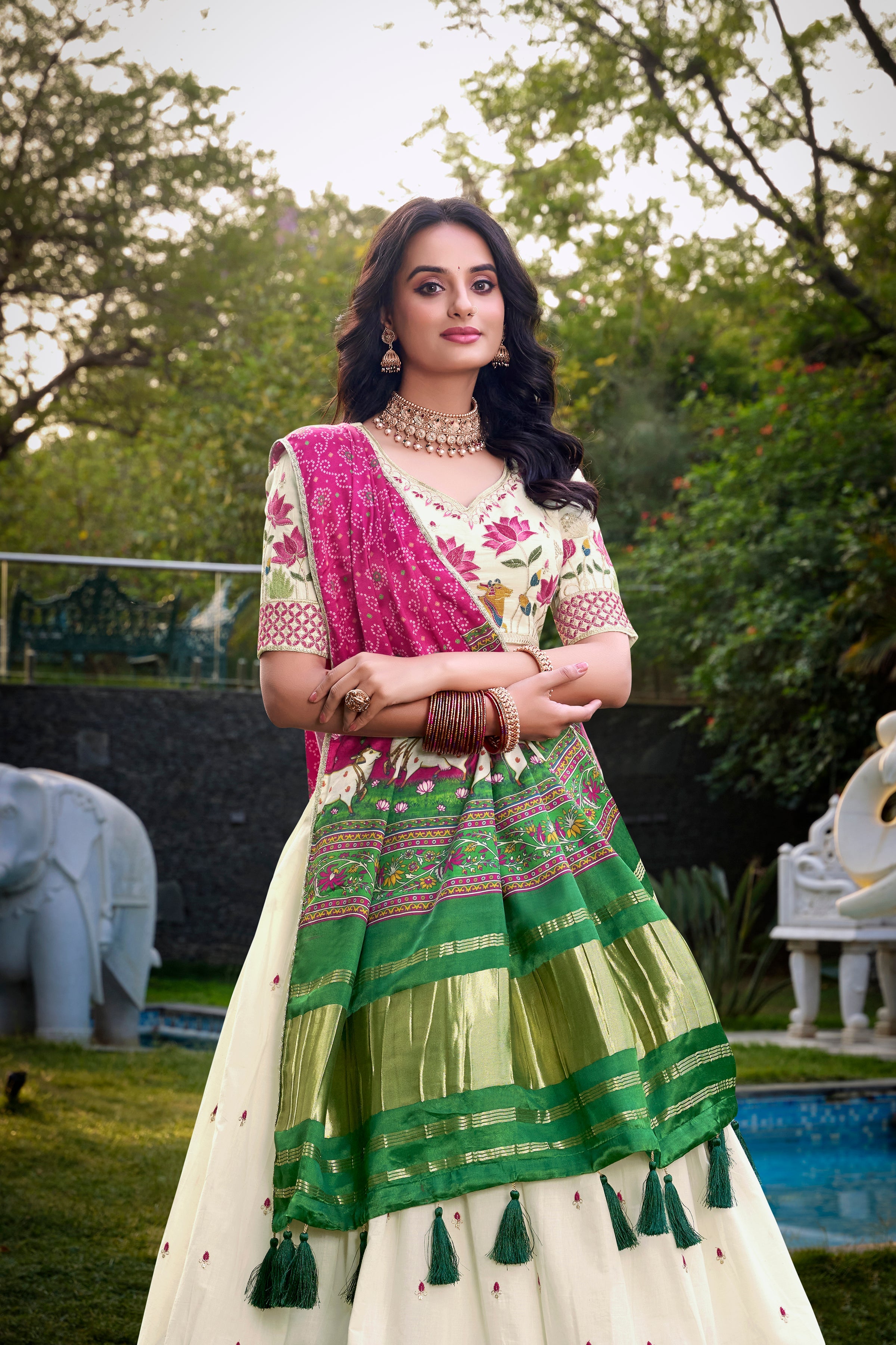 Lorenvalley Offwhite Khadi Cotton Sequins And Thread Embroidery Work Lehenga Choli with Dupatta | Grocsy