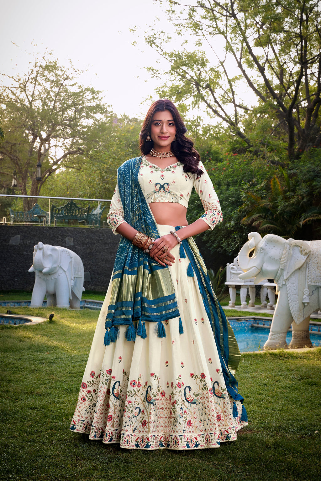 Lorenvalley Offwhite Khadi Cotton Sequins And Thread Embroidery Work Lehenga Choli with Dupatta | Grocsy