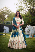 Lorenvalley Offwhite Khadi Cotton Sequins And Thread Embroidery Work Lehenga Choli with Dupatta | Grocsy