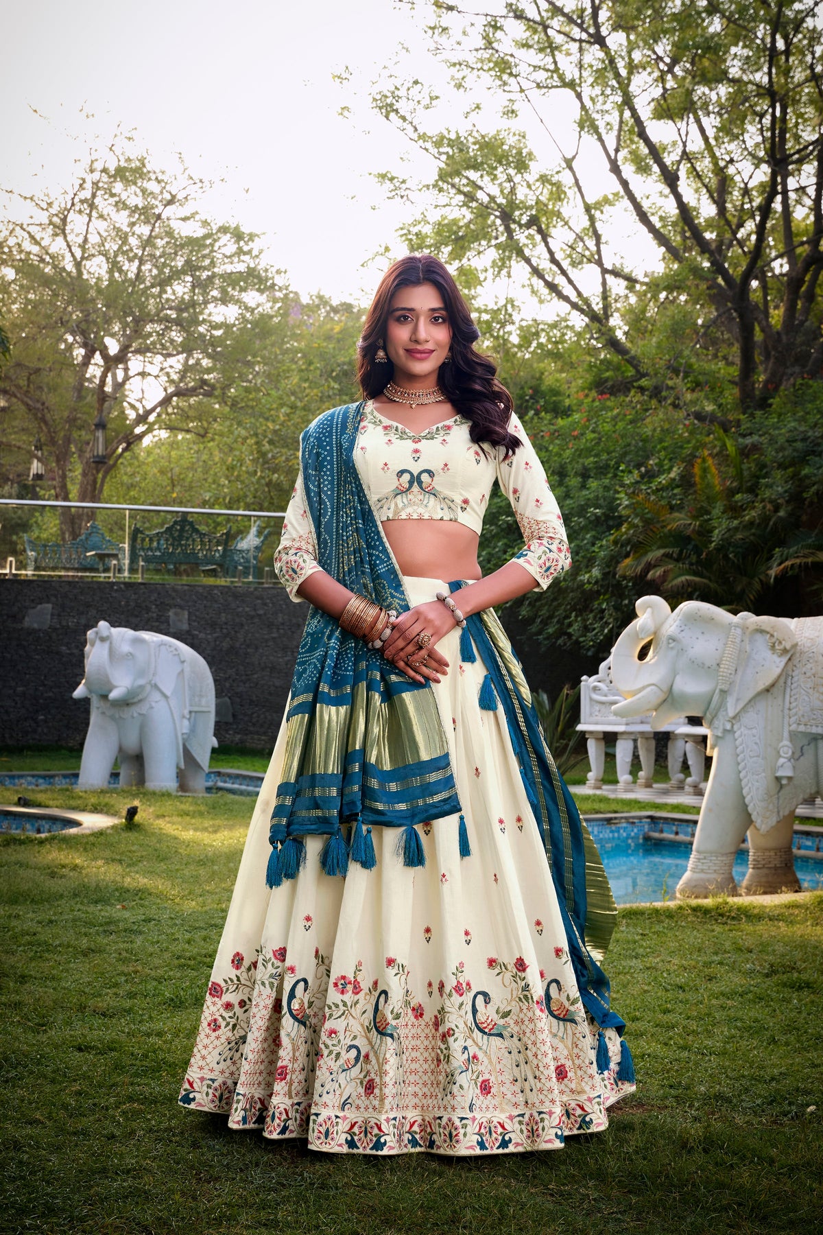 Lorenvalley Offwhite Khadi Cotton Sequins And Thread Embroidery Work Lehenga Choli with Dupatta | Grocsy